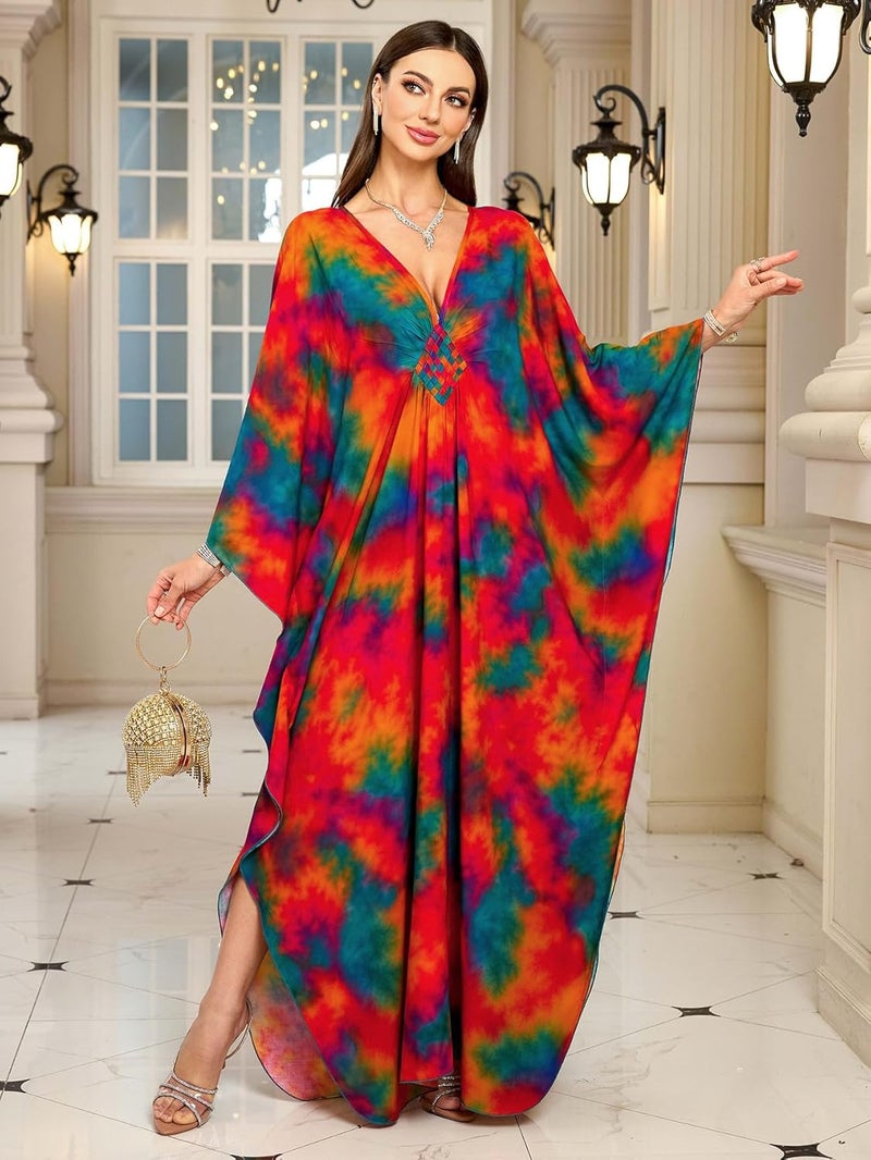 KEYLORTING Women’s Kaftan Beach Cover Up Dress Plus Size Summer Swimsuit Loungewear Maxi Dress - Image 2